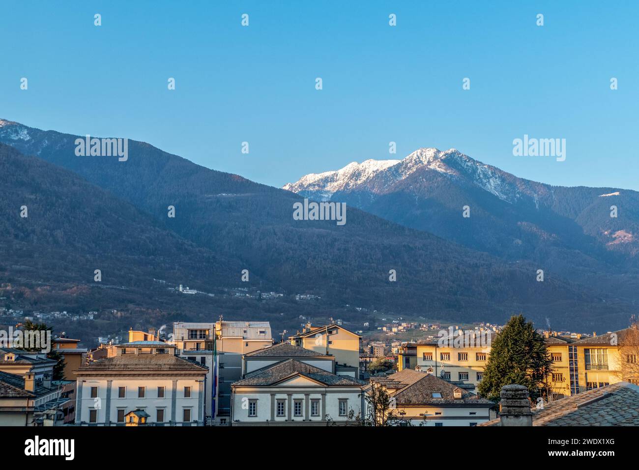 scenic view to village of Sondrio in the alpine region of Italy Stock Photo