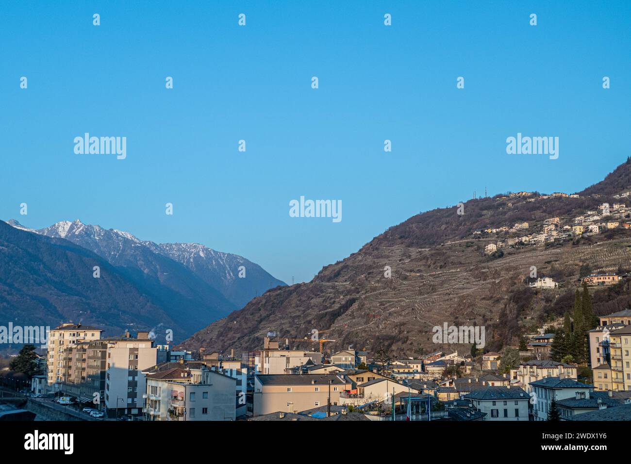 scenic view to village of Sondrio in the alpine region of Italy Stock Photo