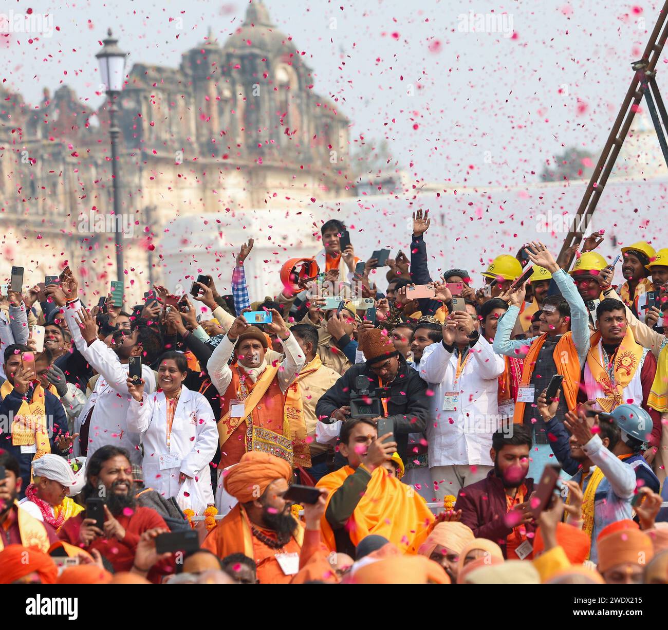 Ayodhya, India. 22nd Jan, 2024. Hindu nationalists celebrate as Indian Prime Minister Narendra Modi consecrates the grand temple to the Hindu god Lord Ram on the site of a former mosque, January 22, 2024 in Ayodhya, Uttar Pradesh, India. The contested site led to riots in 1992 that killed 2000 people when Hindu mobs destroyed the original 16th century Babri Masjid. Credit: PIB Photo/Press Information Bureau/Alamy Live News Stock Photo