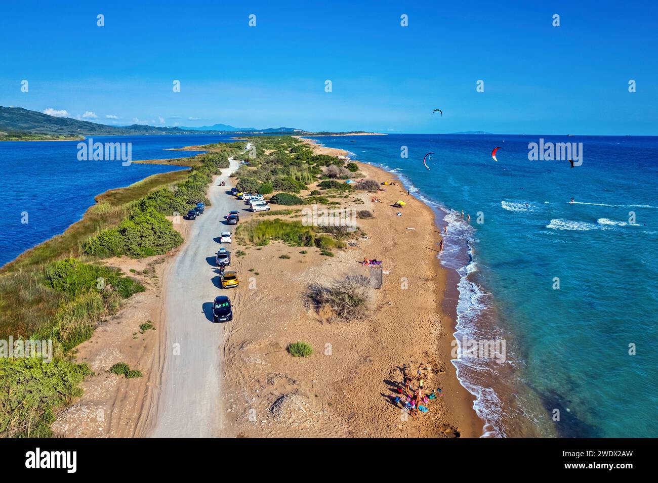 Aerial view of Halikounas beach (right next to lake Korission) a kitesurfers' "paradise" in Corfu island, Ionian sea, Greece. Stock Photo