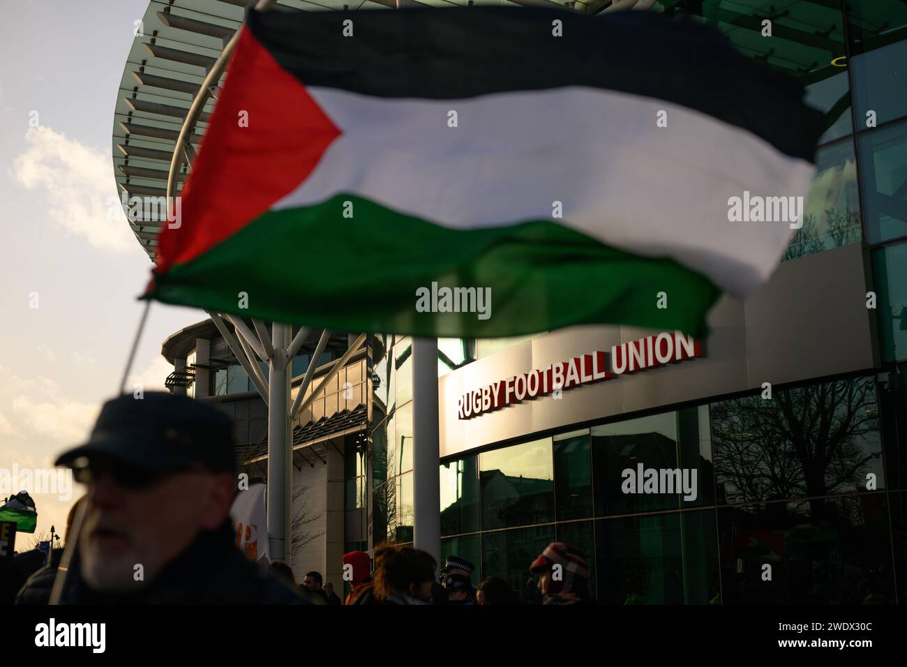 London, UK. 22nd January 2024: Supporters of the Palestine Solidarity Campaign protest against the International Armoured Vehicles Fair being held at Twickenham Stadium, the home of the English Rugby. The protesters maintain that the  fair will play host to arms dealers who are implicated in the killing of Palestinian civilians in Gaza. Credit: Justin Griffiths-Williams/Alamy Live News Stock Photo