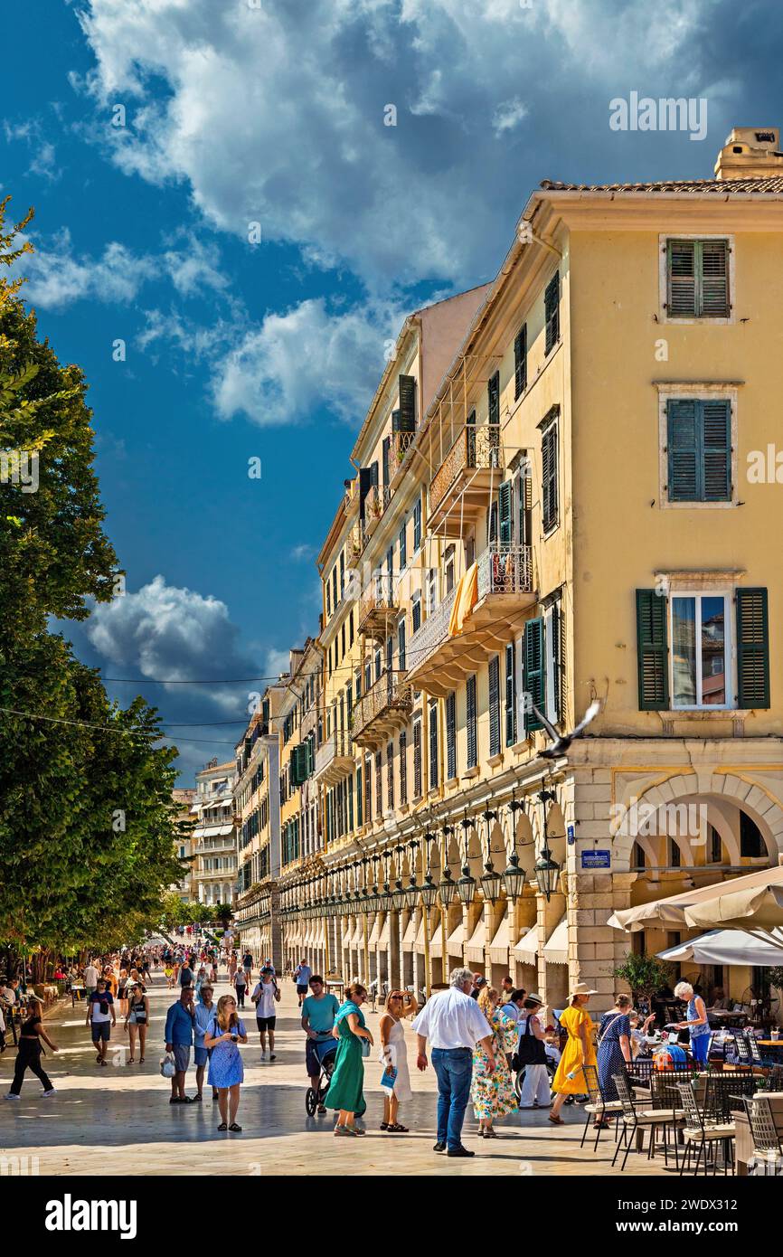 The famous esplanade of the old town of Corfu, called Liston, next to Spinada square. Corfu island, Ionian sea, Greece. Stock Photo