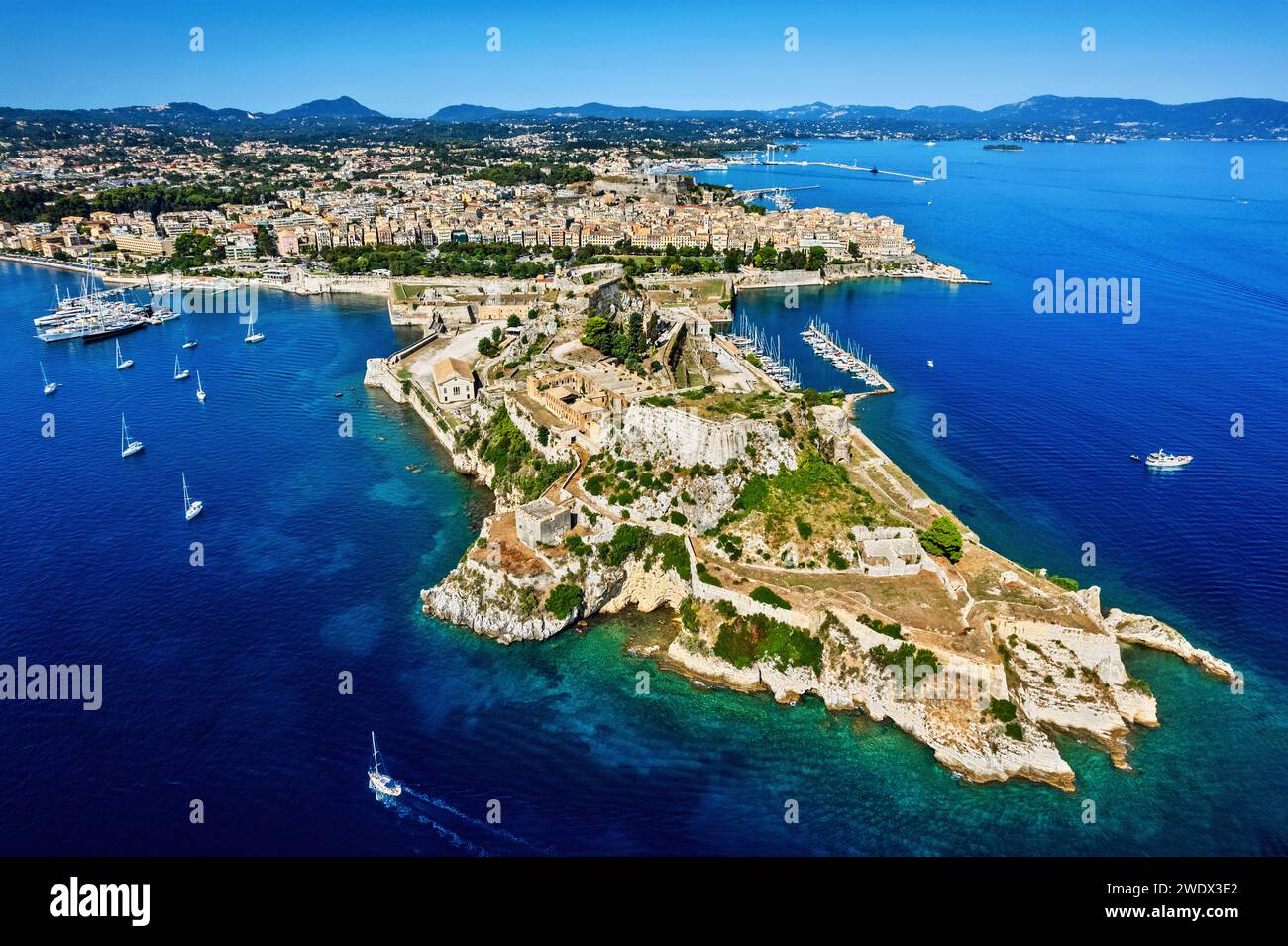 Aerial view of the Old Fortress and the old town of Corfu ('Kerkyra'), Ionian islands, Greece. Stock Photo