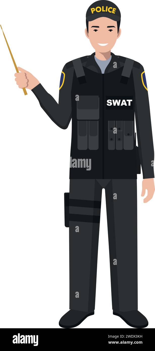 Standing SWAT Policeman Officer with Wooden Pointer Stick in Traditional Uniform Character Icon in Flat Style. Stock Vector
