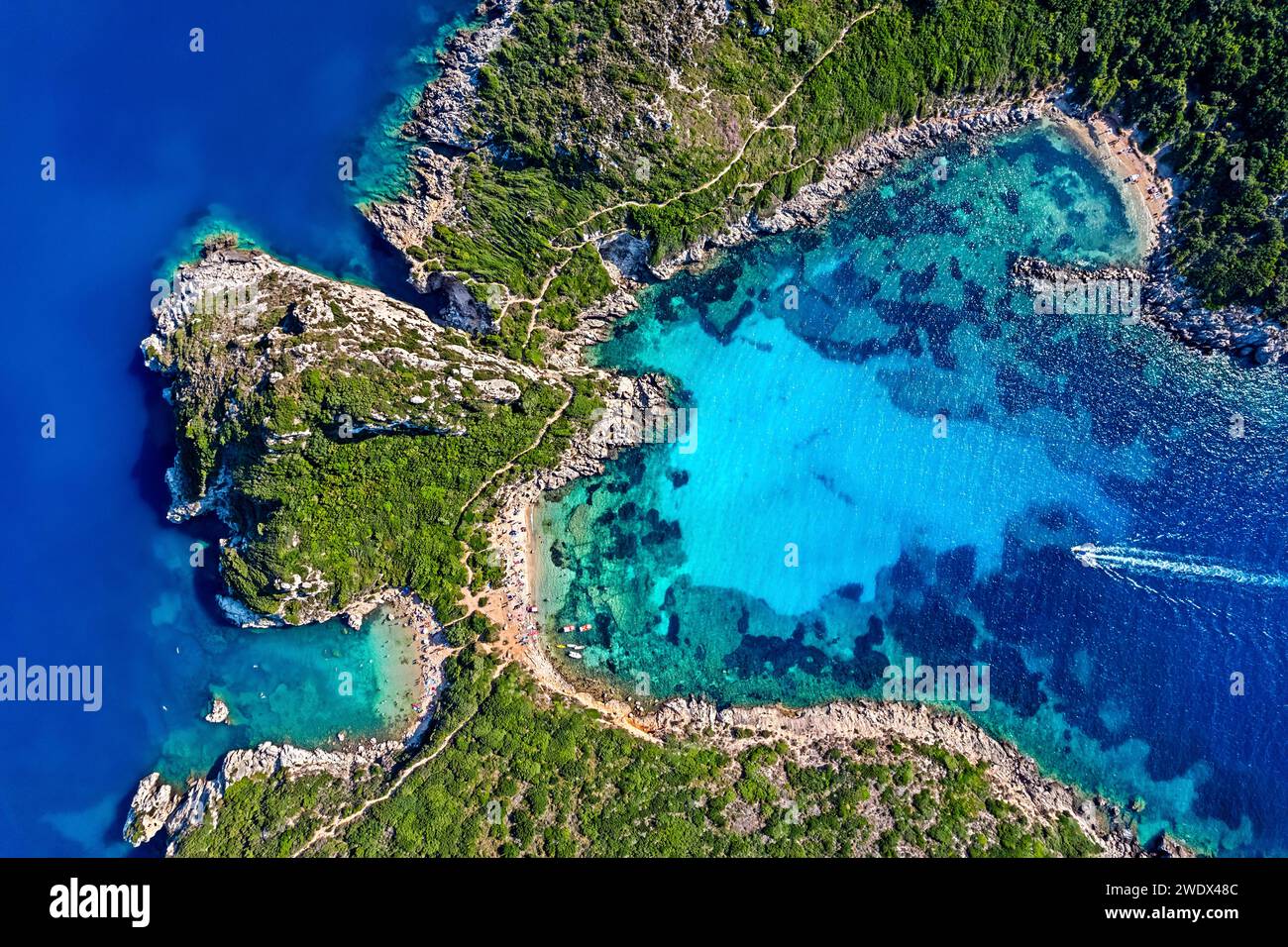 Porto Timoni (double) beach, close to Afionas village, Corfu ('Kerkyra') island, Ionian sea, Greece. Stock Photo