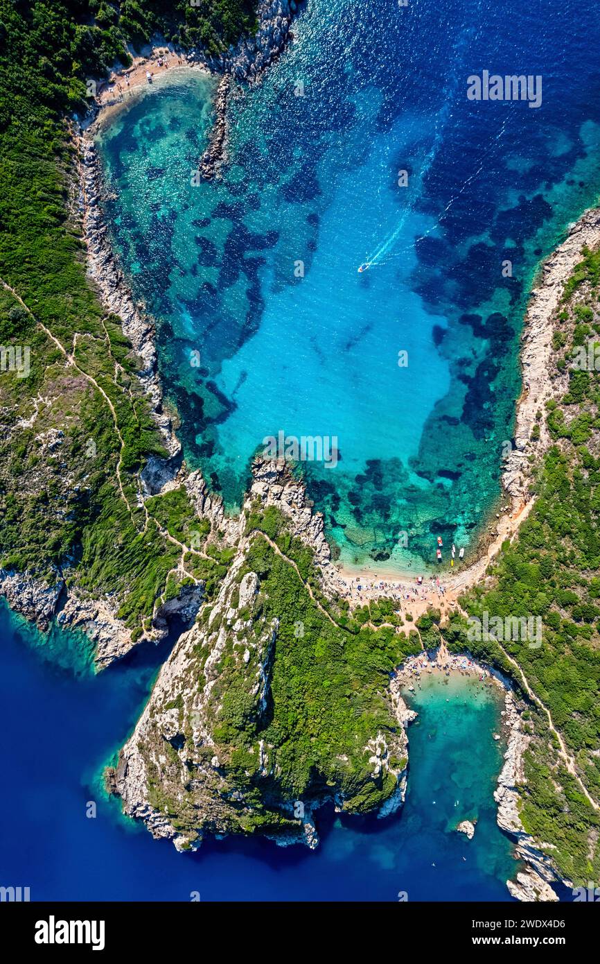 Porto Timoni (double) beach, close to Afionas village, Corfu ('Kerkyra') island, Ionian sea, Greece. Stock Photo