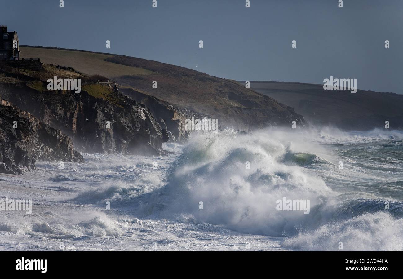 Porthleven, Cornwall, UK. 22 January, 2024. Big waves hitting the Cornish harbour town of Porthleven, after storm Isha caused havoc across the country. UK Weather Credit: Cornwall News Images/Alamy Live News Stock Photo