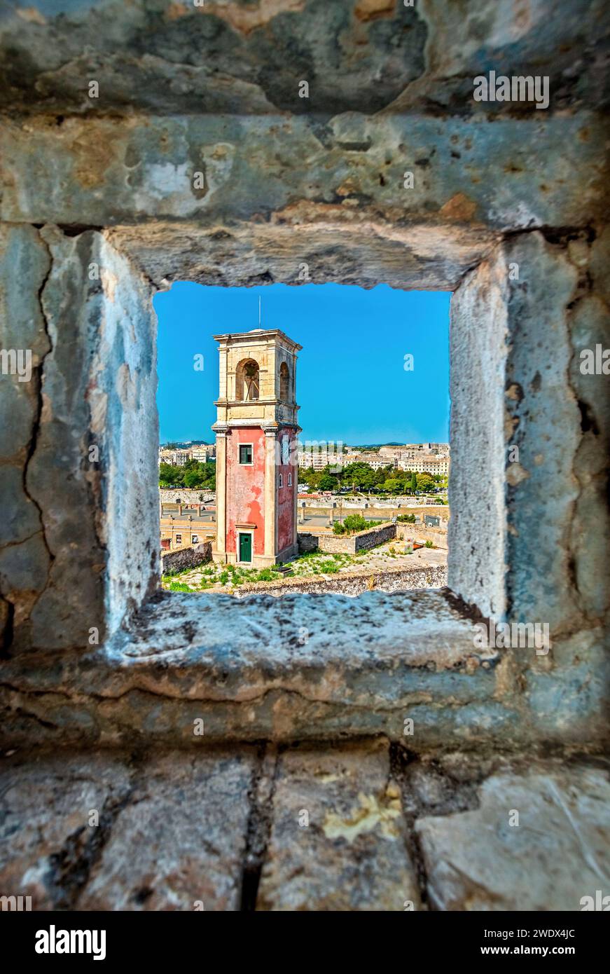 The 'british' clock-belltower at the Old Fortress of Corfu ('Kerkyra'), Ionian islands, Greece. Stock Photo
