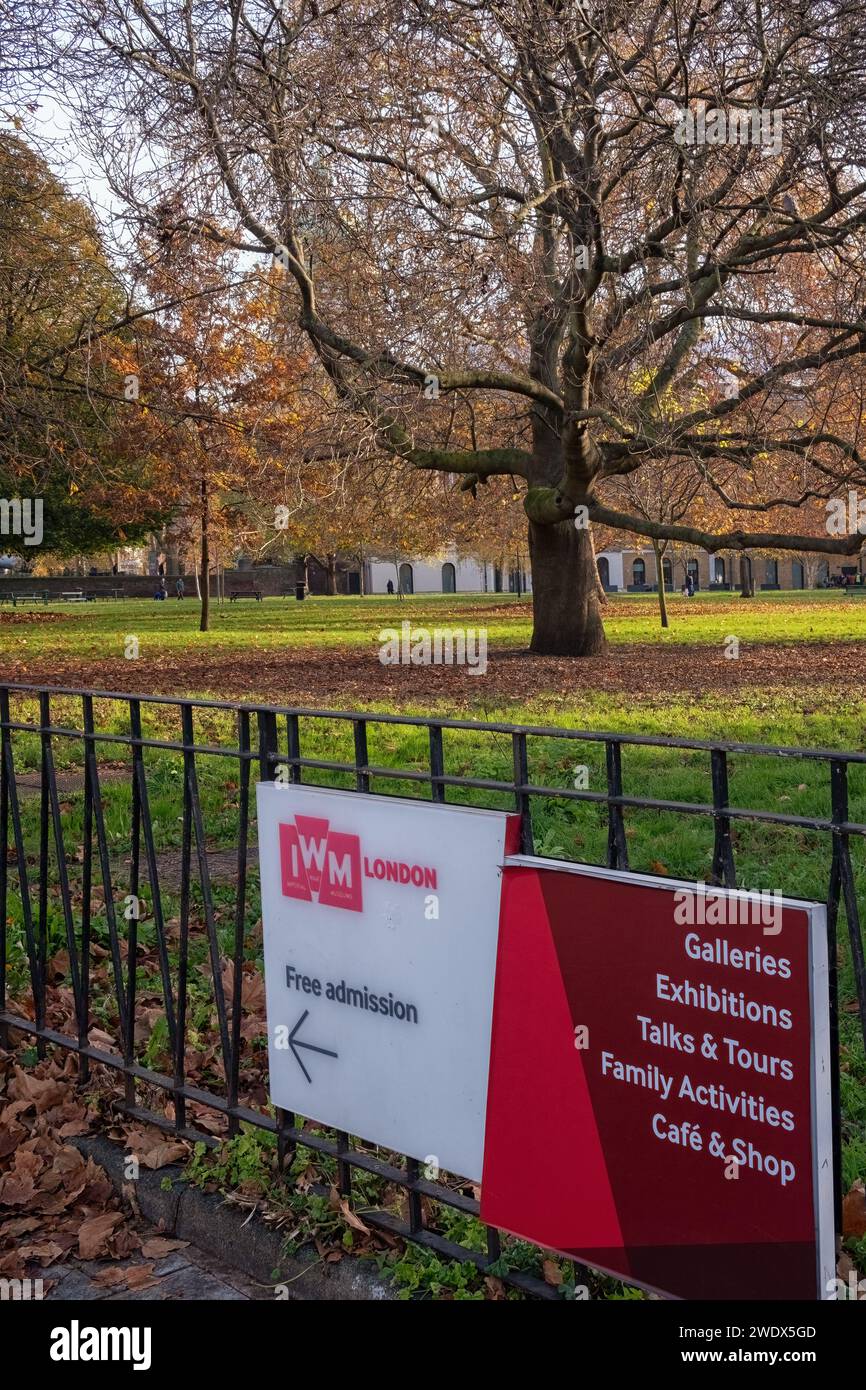 LONDON, UK - NOVEMBER 29, 2023:  Sign for Imperial War Museum  on Lambeth Road in Southwark Stock Photo
