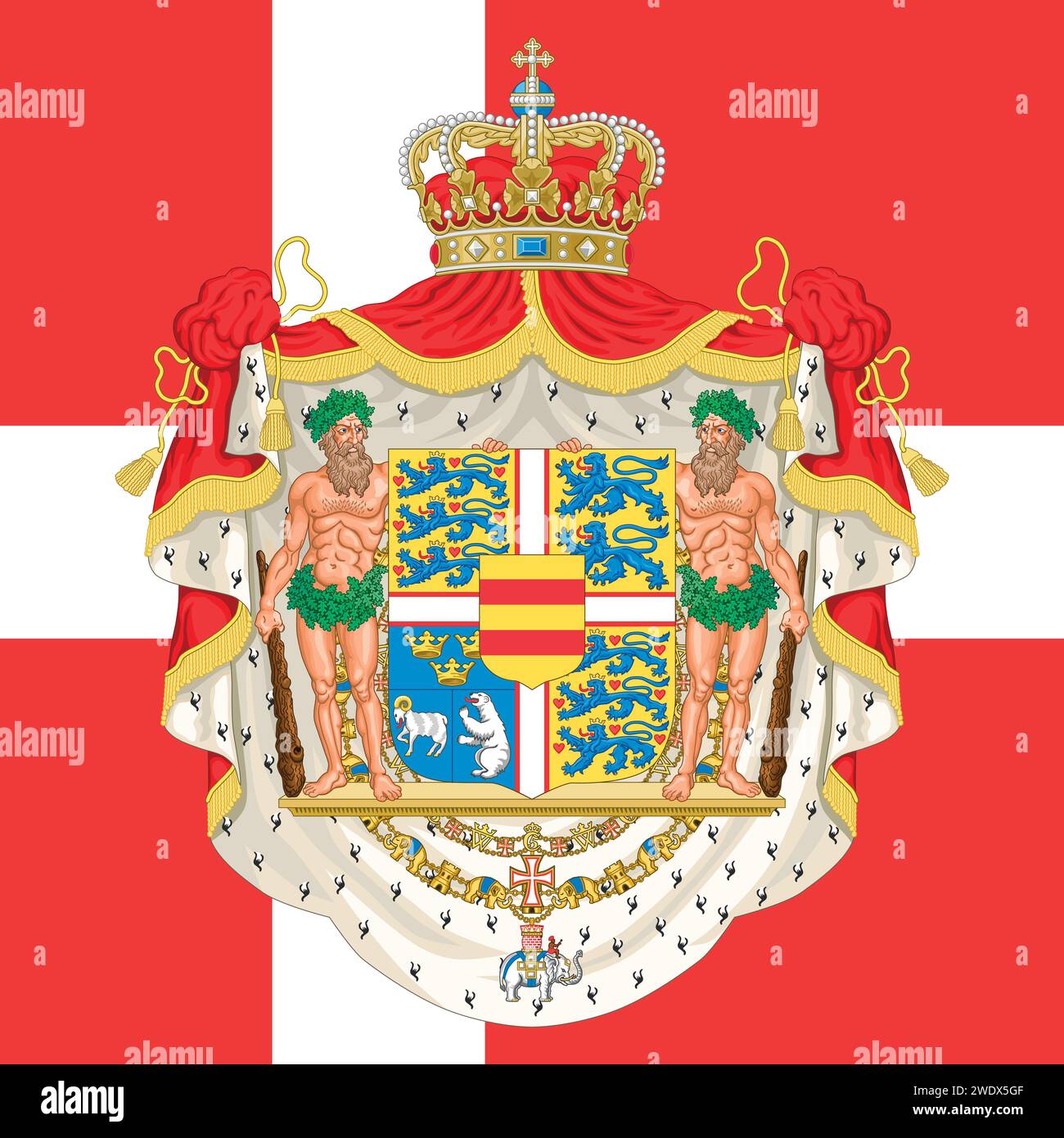 Frederik X King of Denmark 2024, coat of arms on the Danish flag, vector illustration Stock Vector