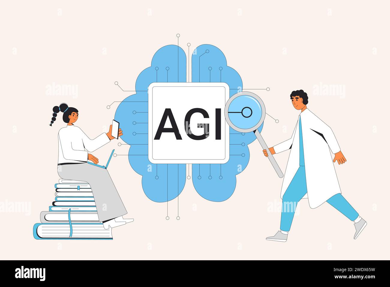 Artificial general intelligence research. engineers and developer neuron network and technology AGI brain. Machine learning process. Computer science. Stock Vector