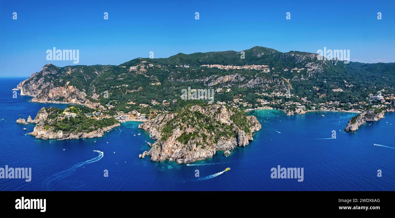 Aerial panoramic view of Palaiokastritsa, one of the most famous resorts in Corfu island, Ionian sea, Greece. Stock Photo