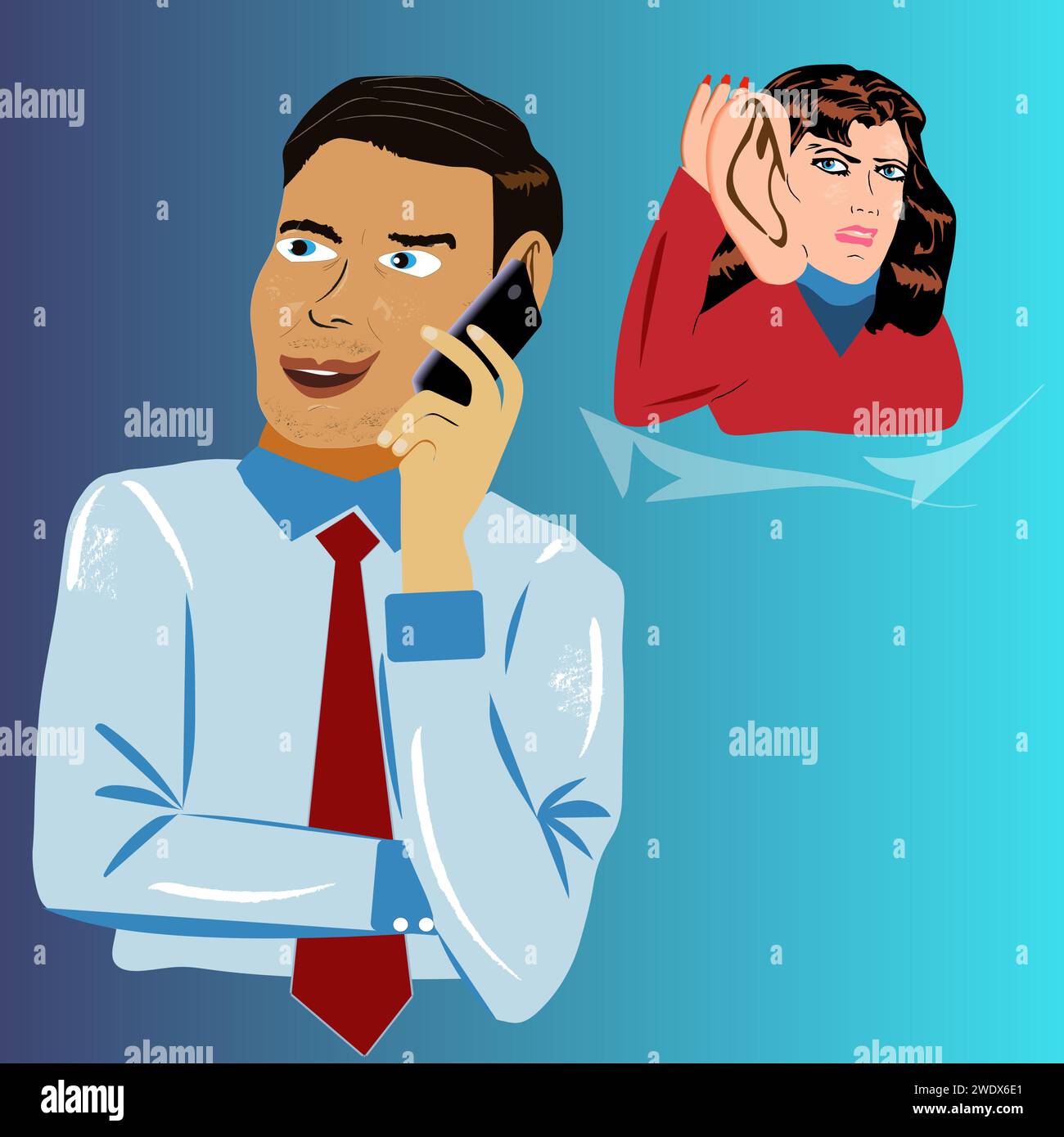 Woman eavesdropping on a man's conversation Stock Vector