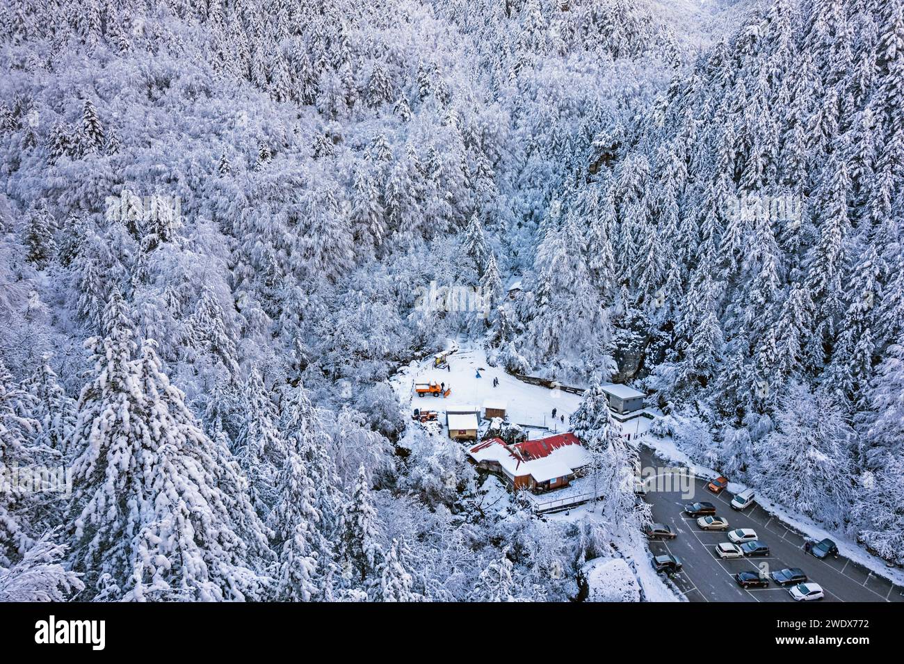 Aerial view of 'Prionia' (former mountain refuge, nowadays a tavern) in the heart of Mount Olympus, Pieria, Central, Macedonia, Greece. Stock Photo