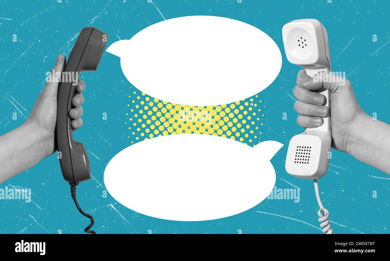 Art collage, two vintage telephone handsets with a bubble for a message or advertisement. Concept of an old advertisement with a message. Stock Photo