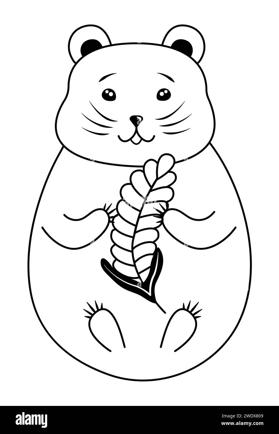 Cute hamster who eats grain, vector black and white illustration Stock Vector