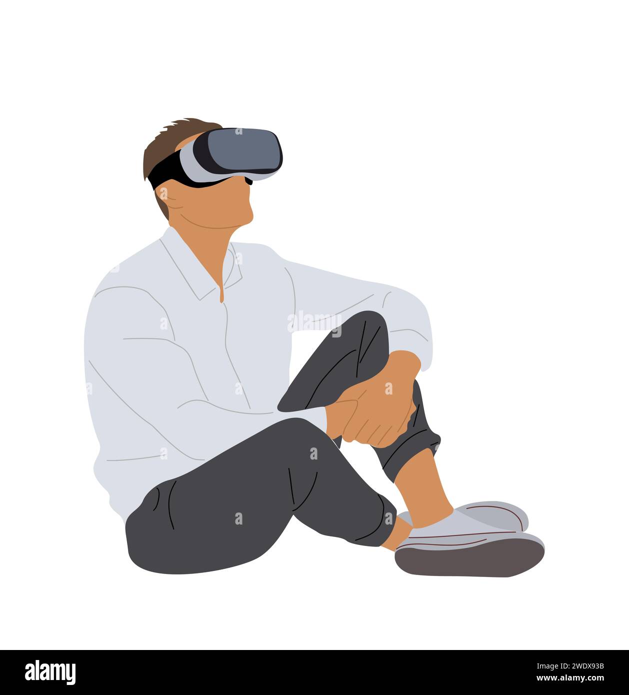 Business man sitting in virtual reality headset. Stock Vector