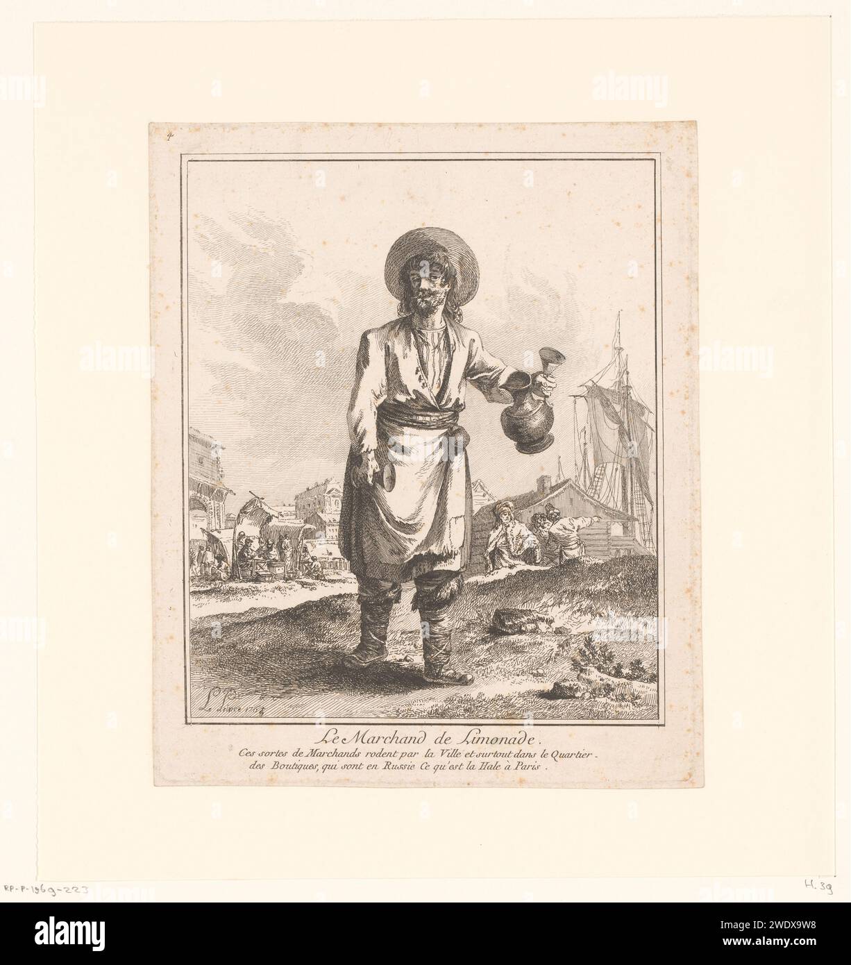 Seller of Lemonade, Jean Baptist Leprince, 1765 print   paper etching merchant, salesman. giving drink. jar, jug (used as drinking-vessel) Stock Photo