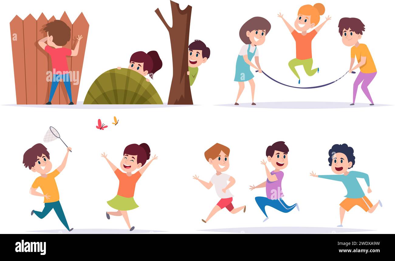 Kids doing sports exercises set vector illustration. Cartoon cute happy boy  girl run, child play football soccer, baseball and tennis, jump rope,  active young children characters isolated on white Stock Vector Image