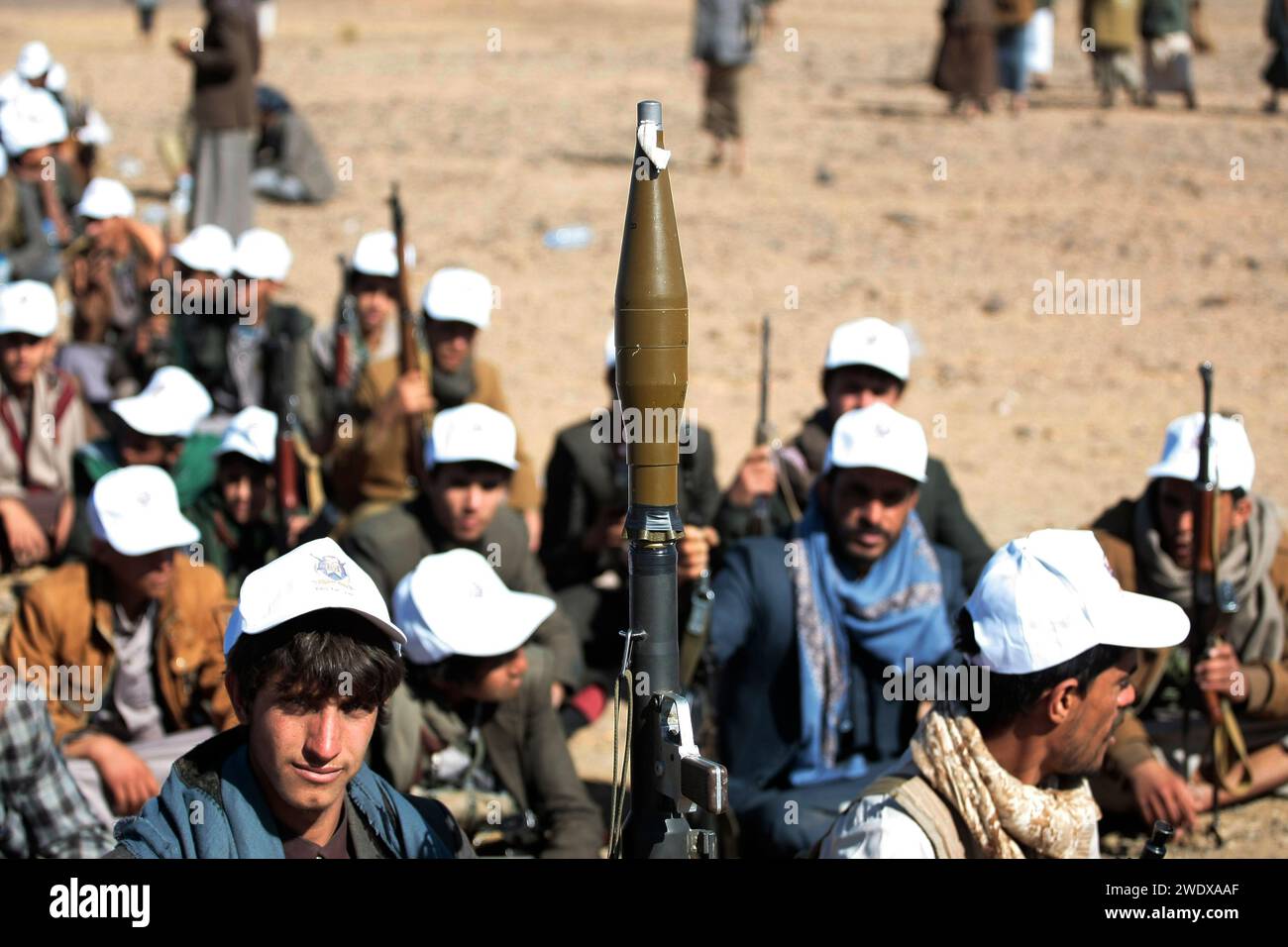 Sanaa, Sanaa, Yemen. 22nd Jan, 2024. Tribal supporters of Yemen's Houthis hold up their weapons during armed a protest against the U.S. government designating Houthis as a terror group in Sanaa, Yemen. Credit: ZUMA Press, Inc./Alamy Live News Stock Photo