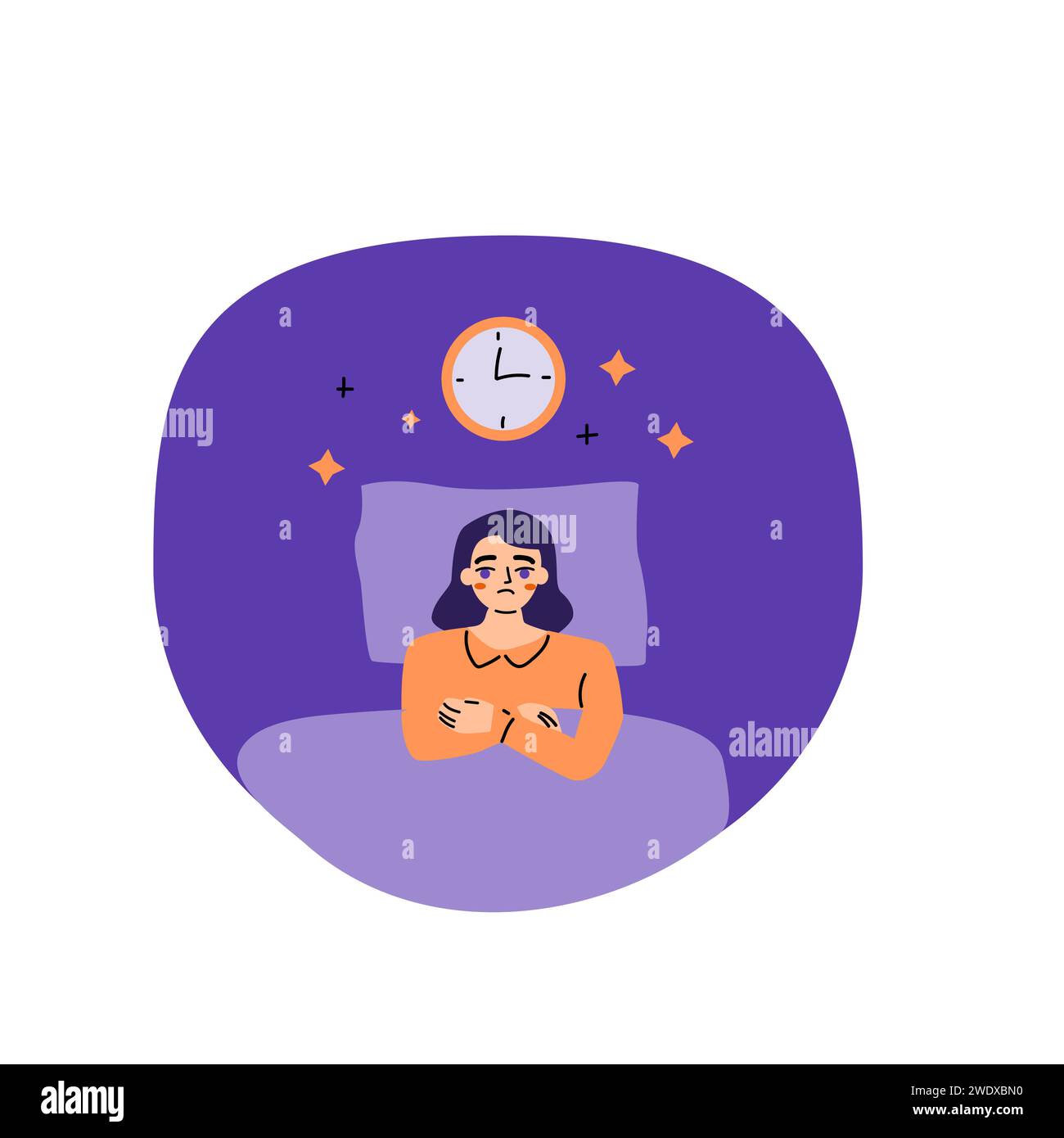 Sleep disorder, insomnia, and stress of woman. Young female lying in