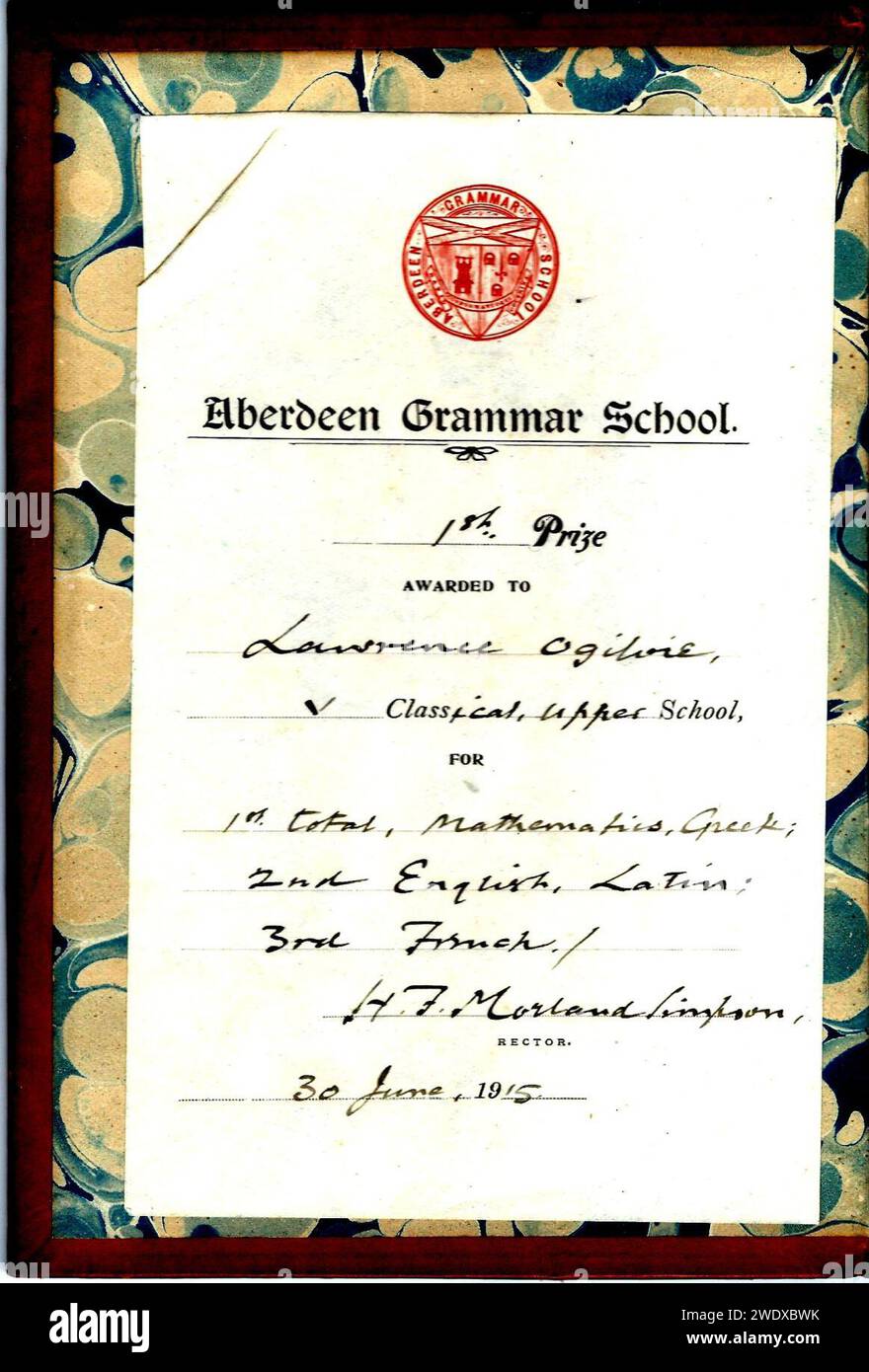 Aberdeen Grammar School 1st prize 1915. Stock Photo