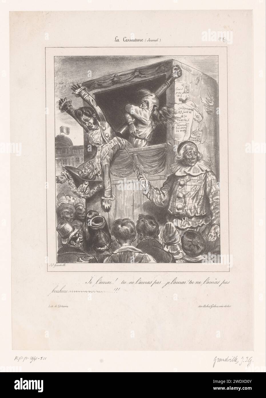 Puppet show with fighting politicians such as puppets, Jean Ignace Isidore Gérard Grandville, 1831 print  Paris paper  puppet and marionette show. political caricatures and satires Stock Photo