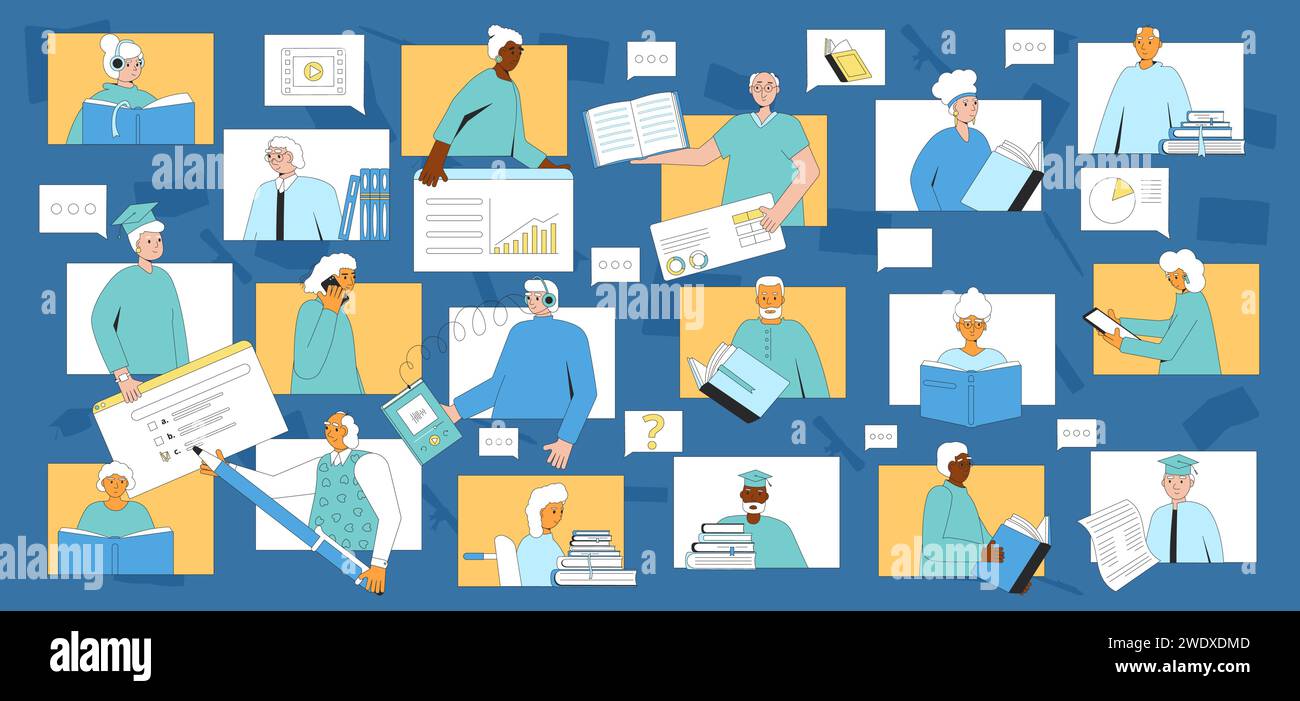 Senior aged people education. Elderly men and women learning online ...