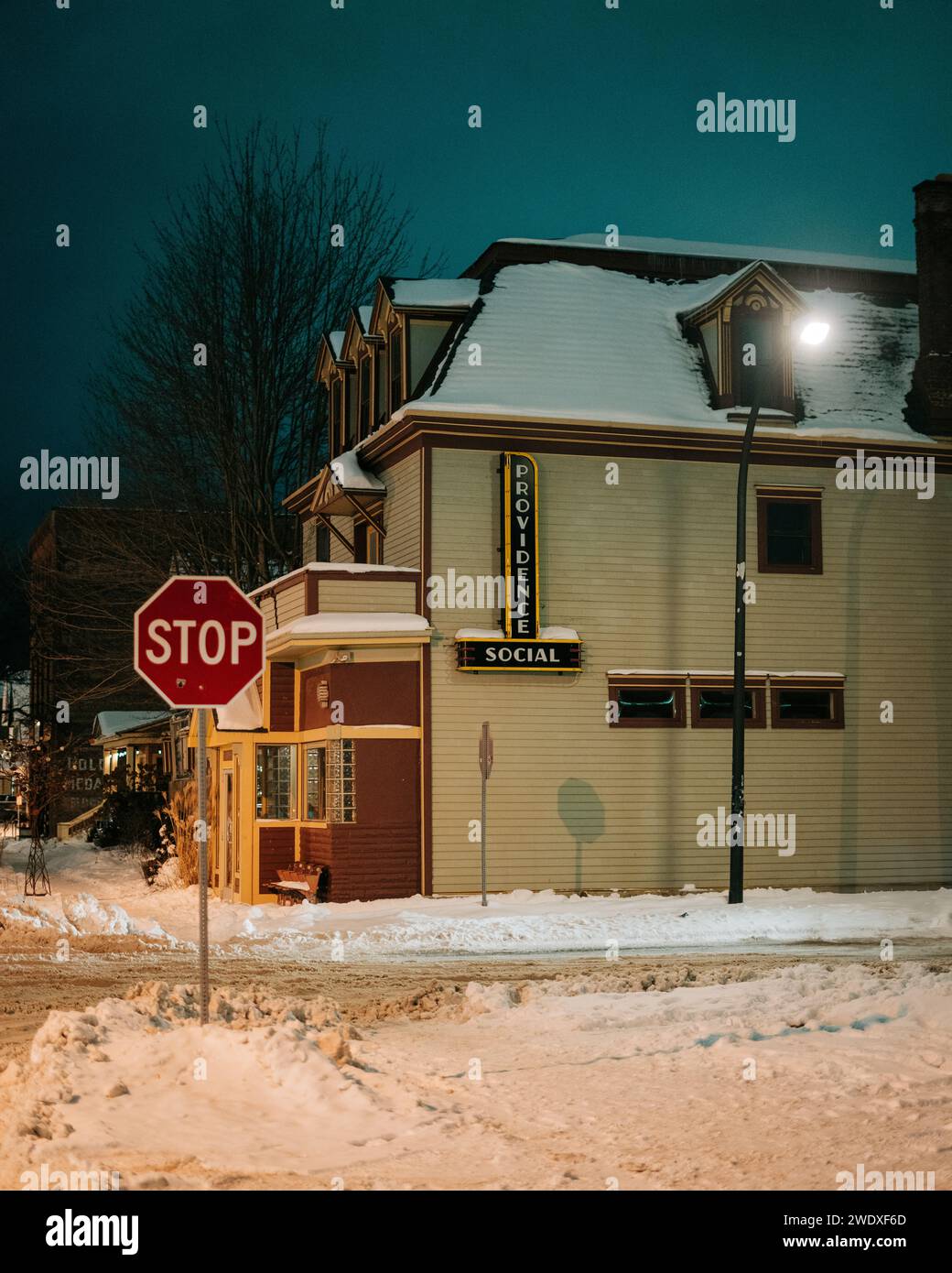 Providence Social at night in the snow, Buffalo, New York Stock Photo