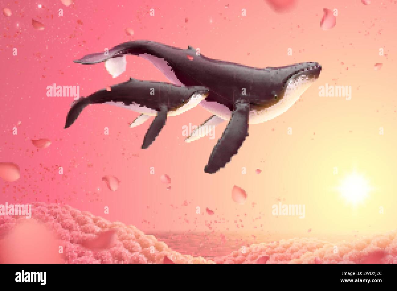 Surreal scene of humpback whales swimming in romantic floral fields, 3d