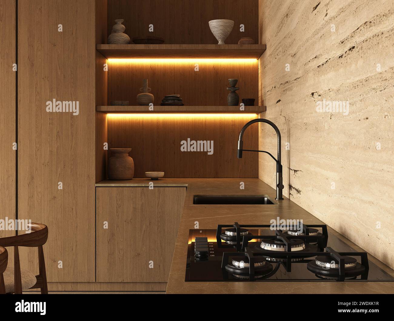 Sophisticated Kitchen Corner With Artistic Pottery And Accent Lighting Photo Inspiration