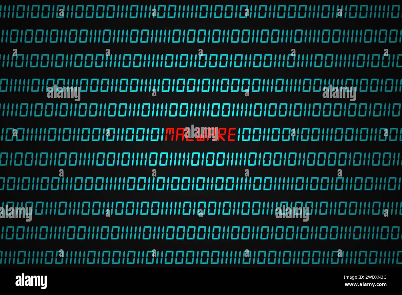 Red word "Malware" hidden in the middle of a binary code sequence. Stock Photo