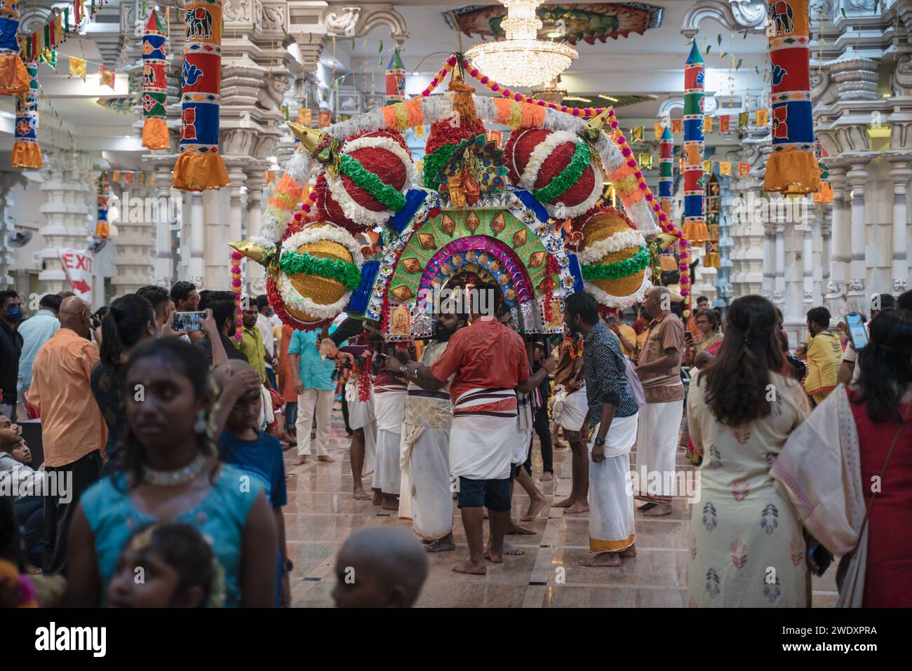 Georgetown, Penang, Malaysia - February 05, 2023: Hindu devotee with huge kavadi for dancing in Waterfall Hill Temple at Thaipusam festival Stock Photo