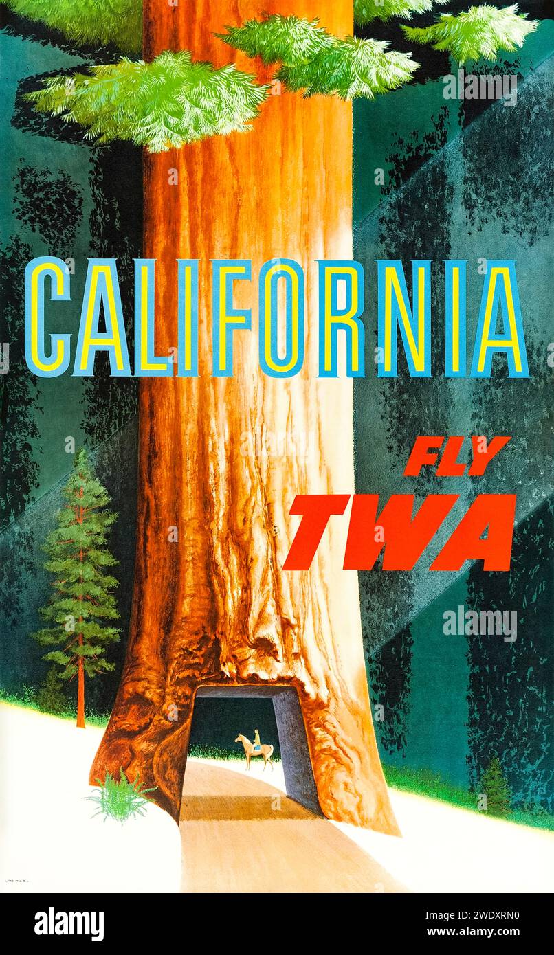 ‘California – Fly TWA’ by Trans World Airlines 1954 Tourism Poster featuring the Wawona Tunnel Tree in Yosemite National Park, a giant sequoia which fell in 1969. Artwork by David Klein (1918-2005). Credit: Private Collection / AF Fotografie Stock Photo