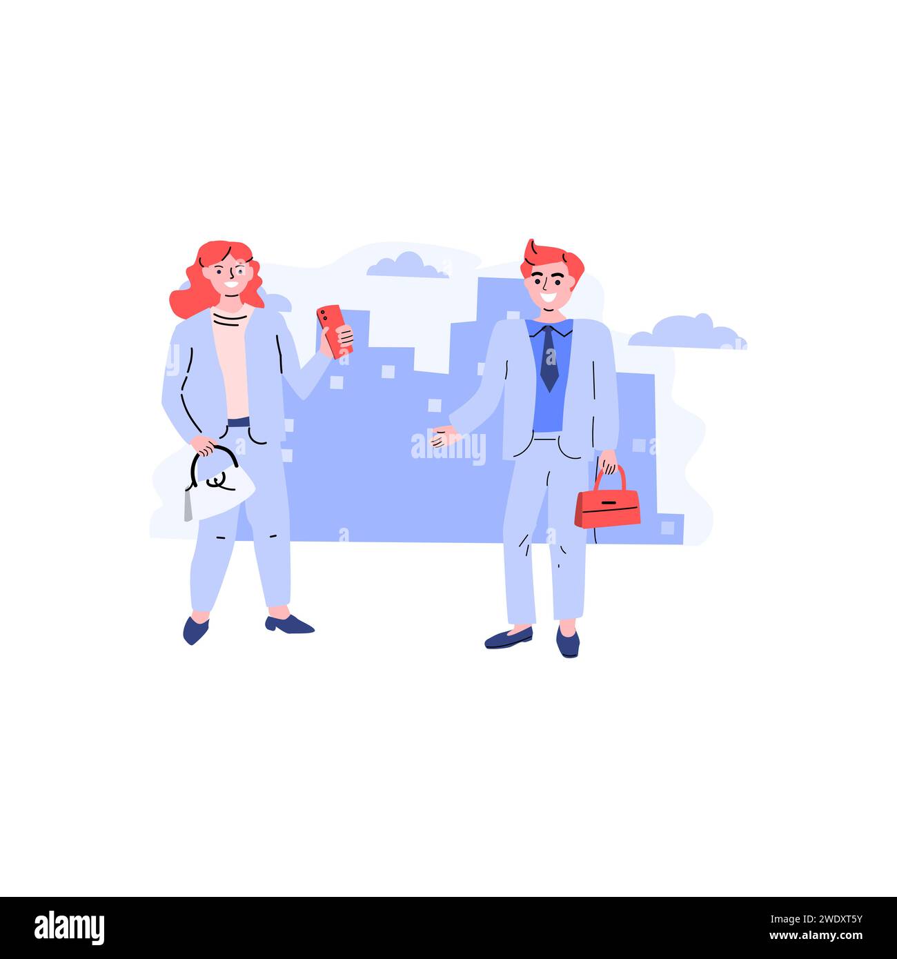 business meeting in city of young woman and man. Vector illustration isolated.  Stock Vector