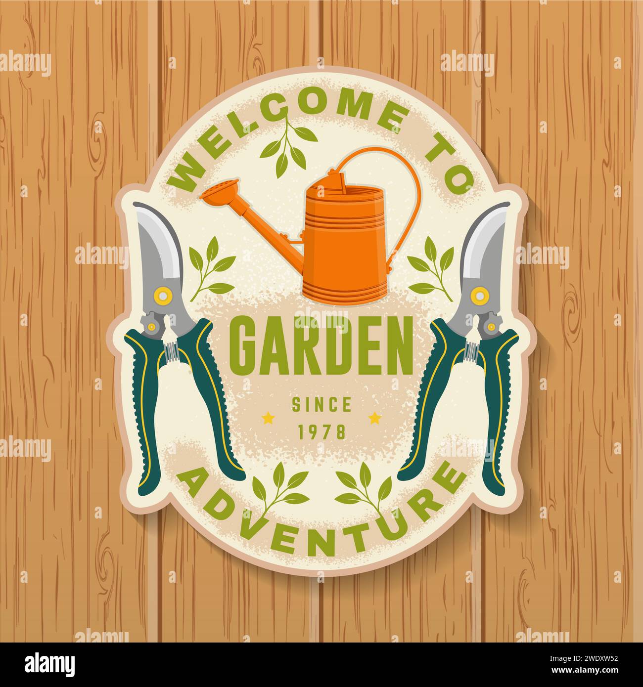 Welcome to garden adventure emblem, label, patch, sticker. Vector illustration. For sign, patch, shirt design with hand secateurs, garden pruner Stock Vector