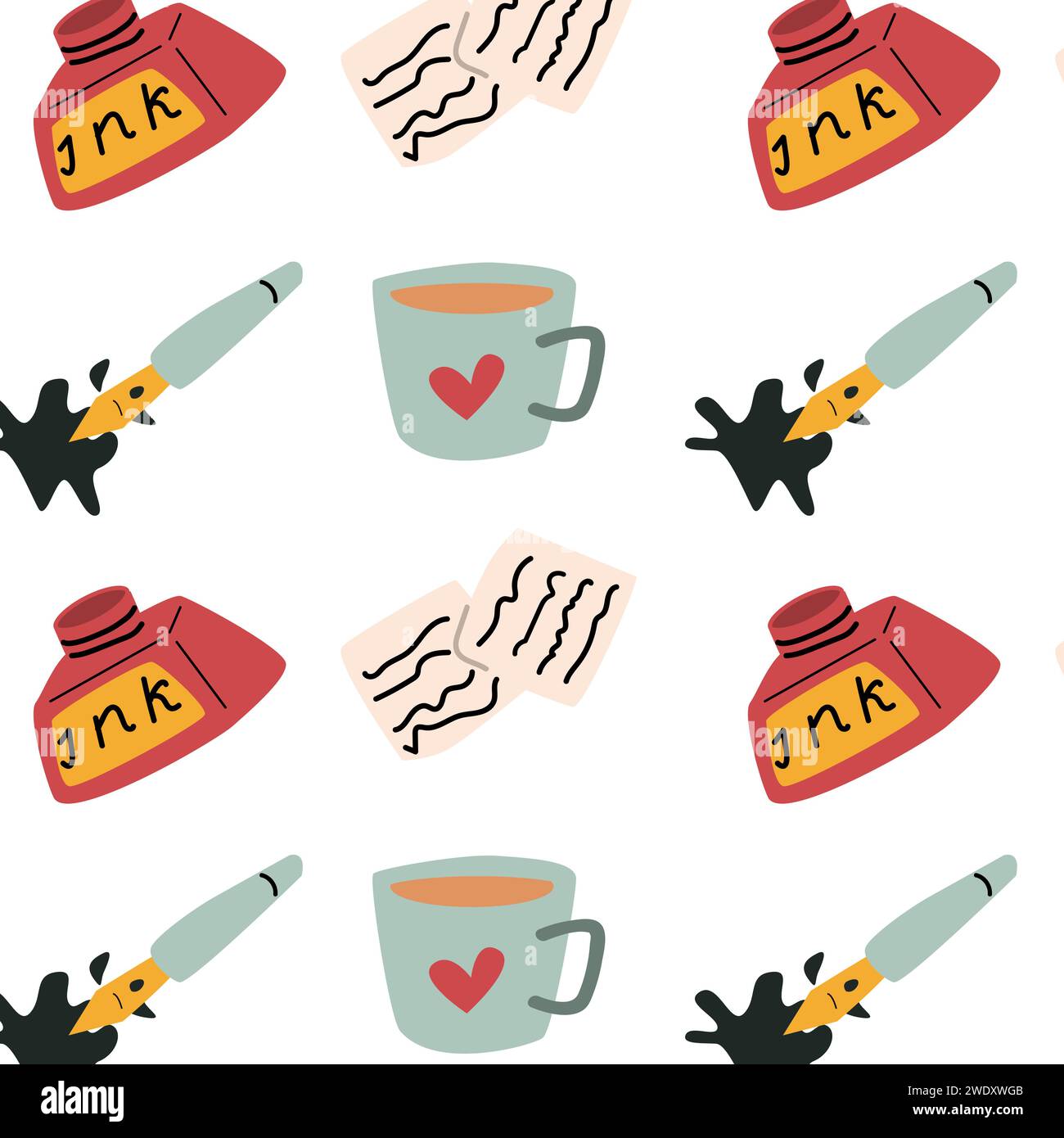 ink and cup of tea, notes background. Vector illustration in cartoon style isolated. writing seamless pattern.  Stock Vector