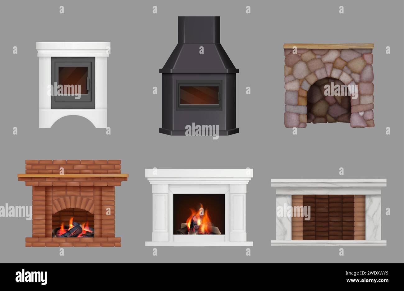 Fireplaces. Brick decorative chimney with fire modern interior decoration decent vector home