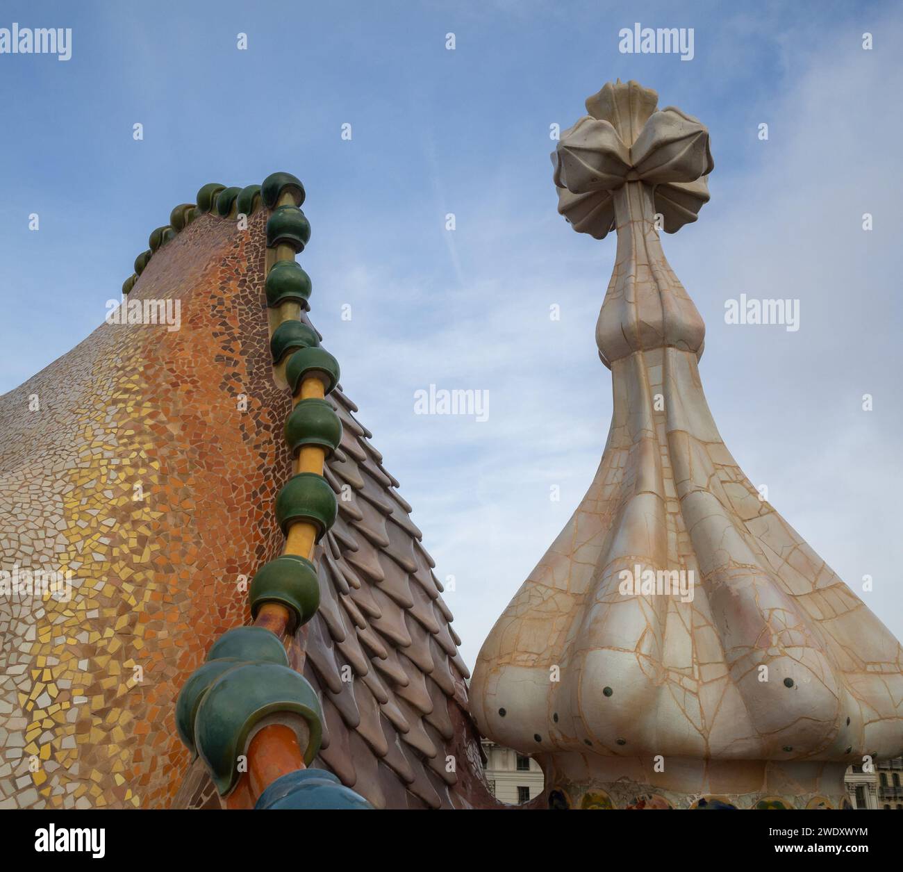 Casa Batllo roof dragon like ceramics detail with Passeig de Gracia ...