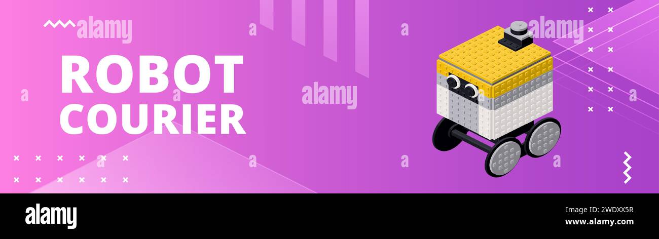 Banner with robot courier for print and design. Vector illustration ...