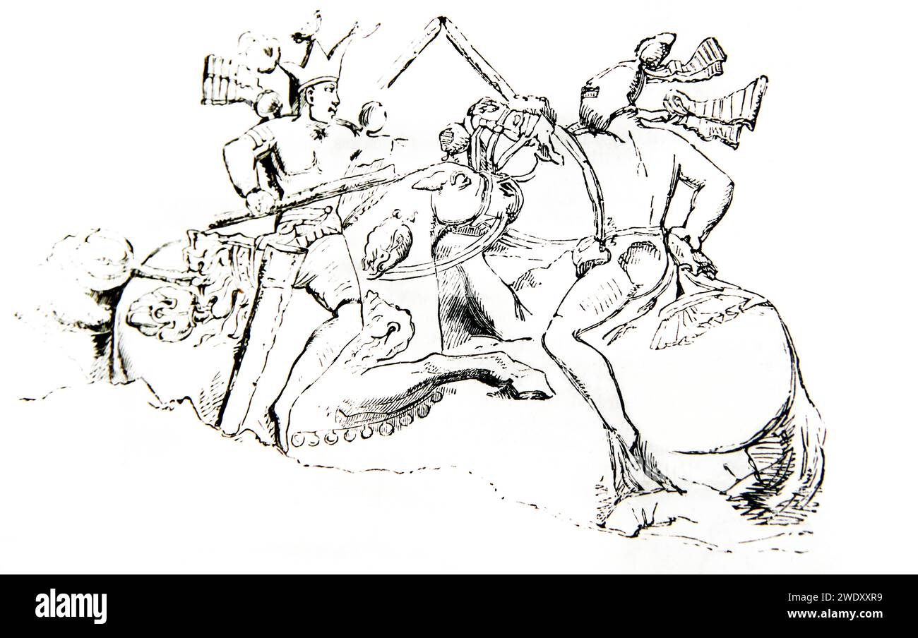 Wood Engraving from the Illustrated Family Bible - Ancient Persian Combat with Spears Battle of Shapur II  from Bas-Relief at Naqsh-e Rostam Stock Photo