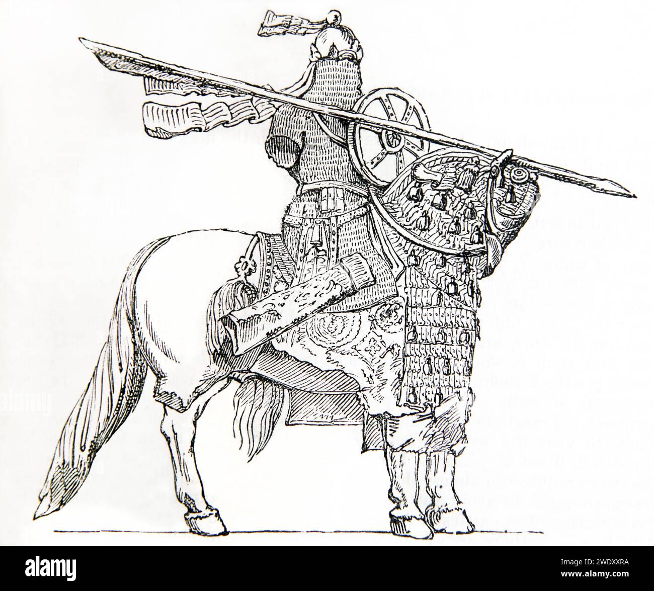 Illustration of Sassanid King Khosrow II Mounted on his Horse Shabdiz at Taq-e Bostan in Iran Wood Engraving from Antique 19th Century Illustrated Family Bible Stock Photo
