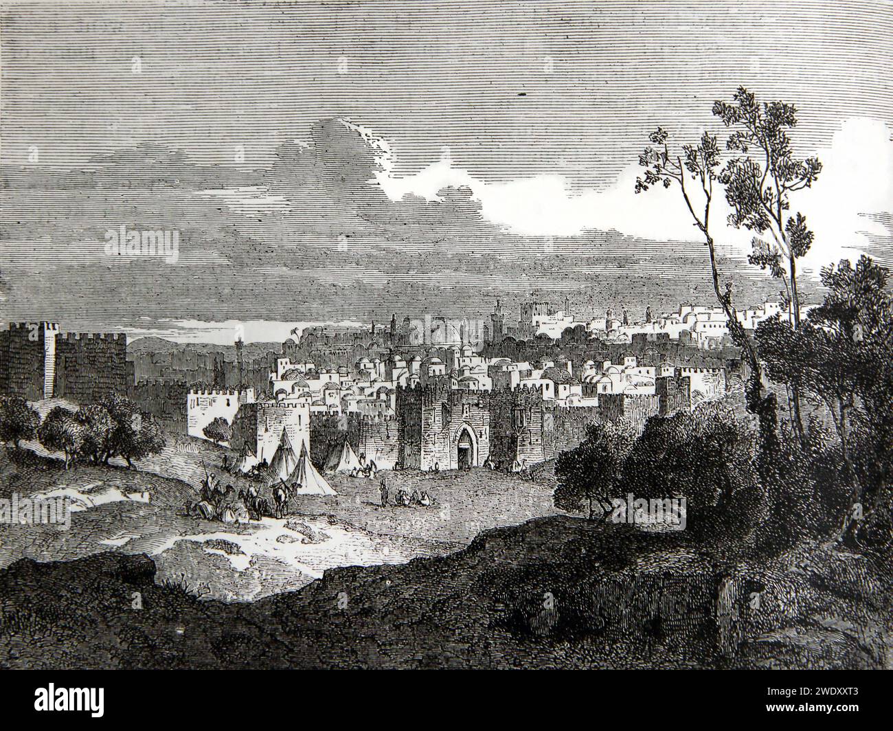Illustration of Camp just outside Jerusalem from the North East Side from the Illustrated Family Bible Stock Photo