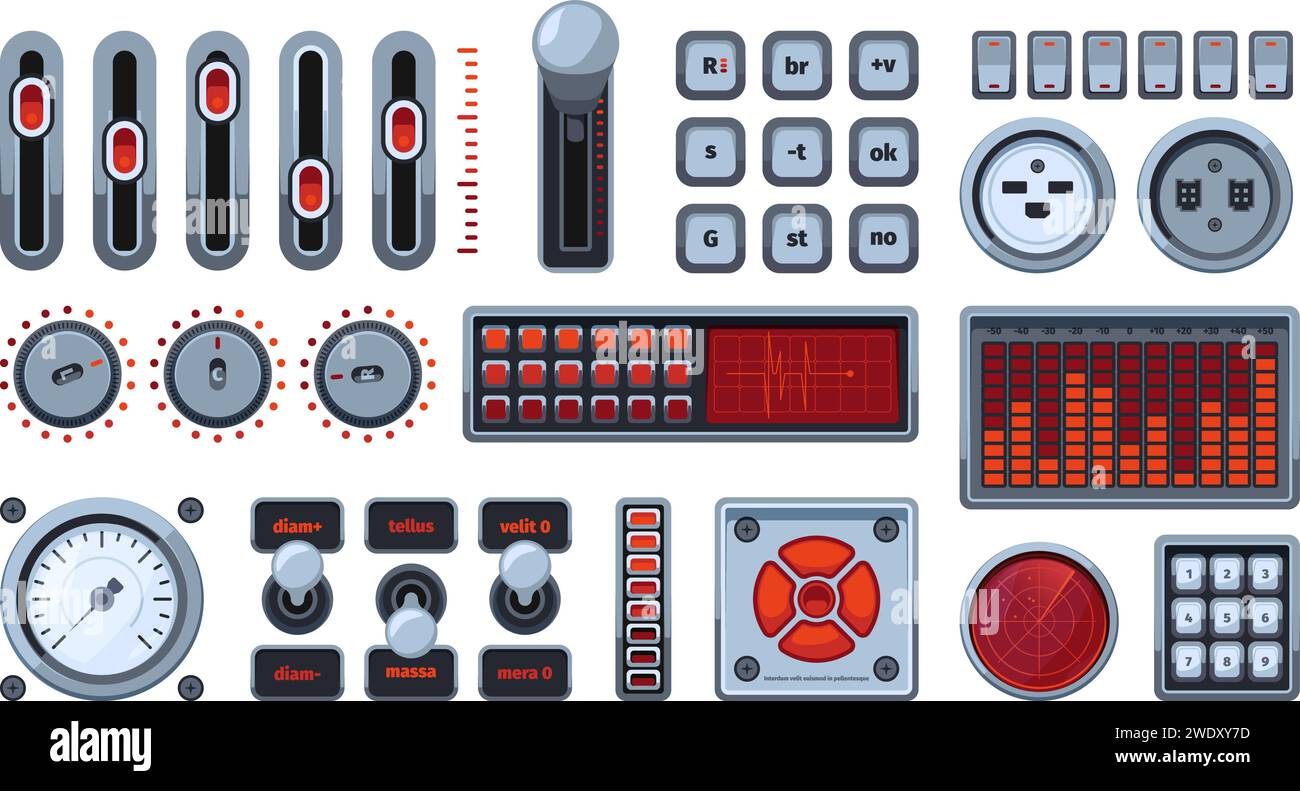 Ui elements. Control panels dashboards switches buttons frames volume