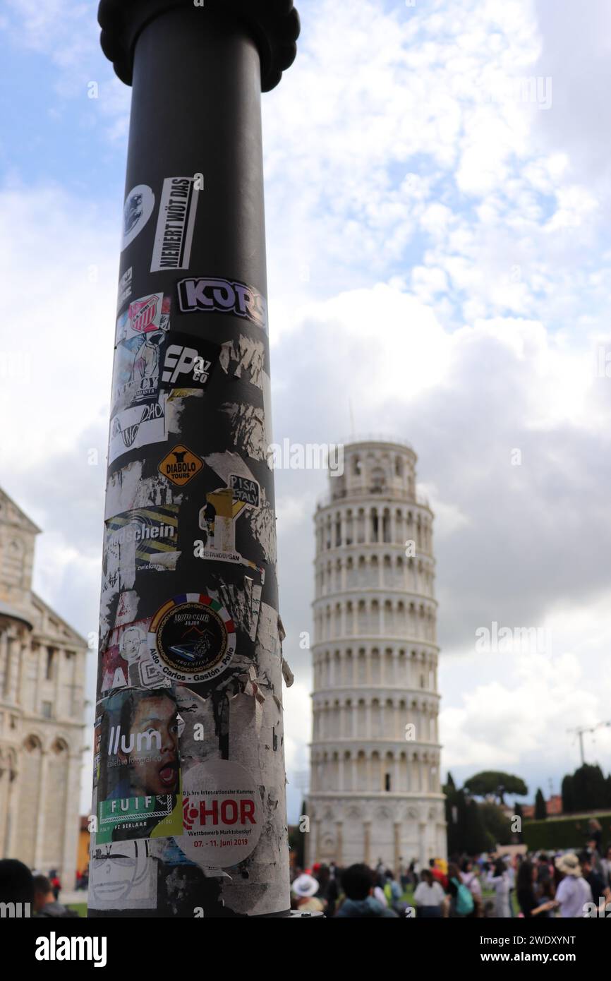 Street lamp iconic monument at Leaning tower of Pisa Stock Photo