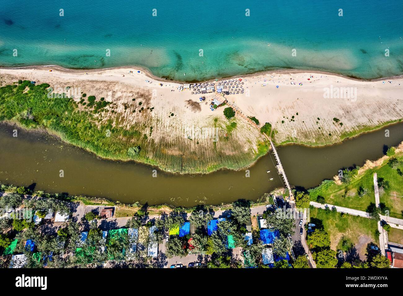 The beach of Stomio village and the southern 'edge' of the Delta of Pineios river at the Aegean Sea. Larissa, Thessaly, Greece. Stock Photo