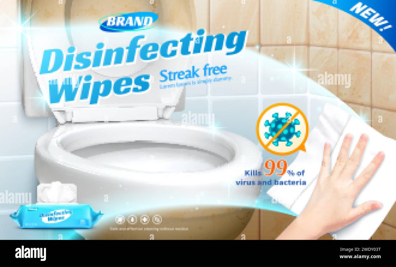 Disinfectant wipes ads template, realistic hand using disinfectant wipe