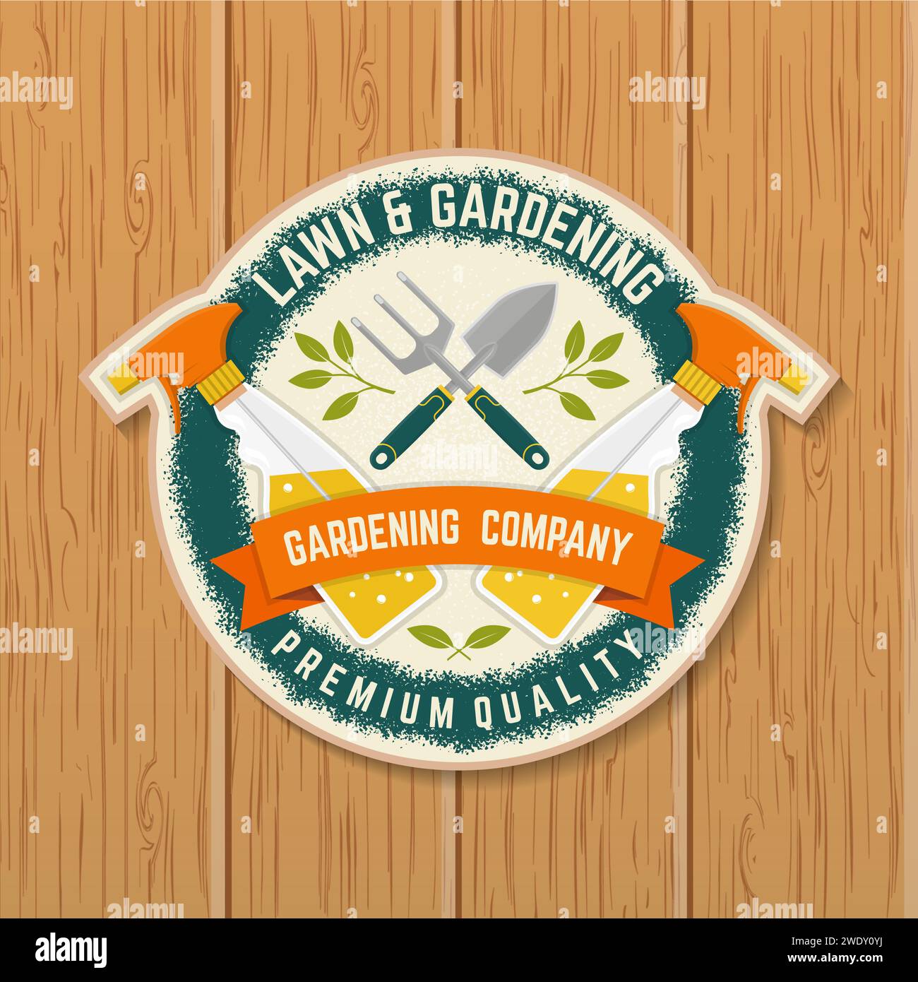 Lawn and Gardening services emblem, label, patch, sticker. Vector illustration. For sign, patch, shirt design with hand garden trowel, farming fork Stock Vector