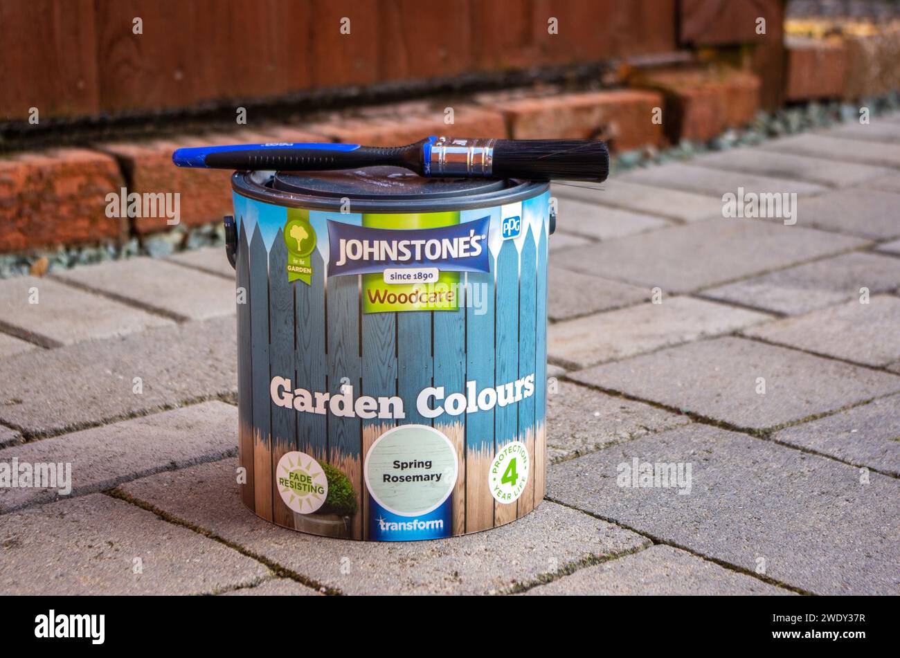 Can Of Johnstone's Woodcare Garden Colours Spring Rosemary Colour Exterior Wood Paint Stock Photo