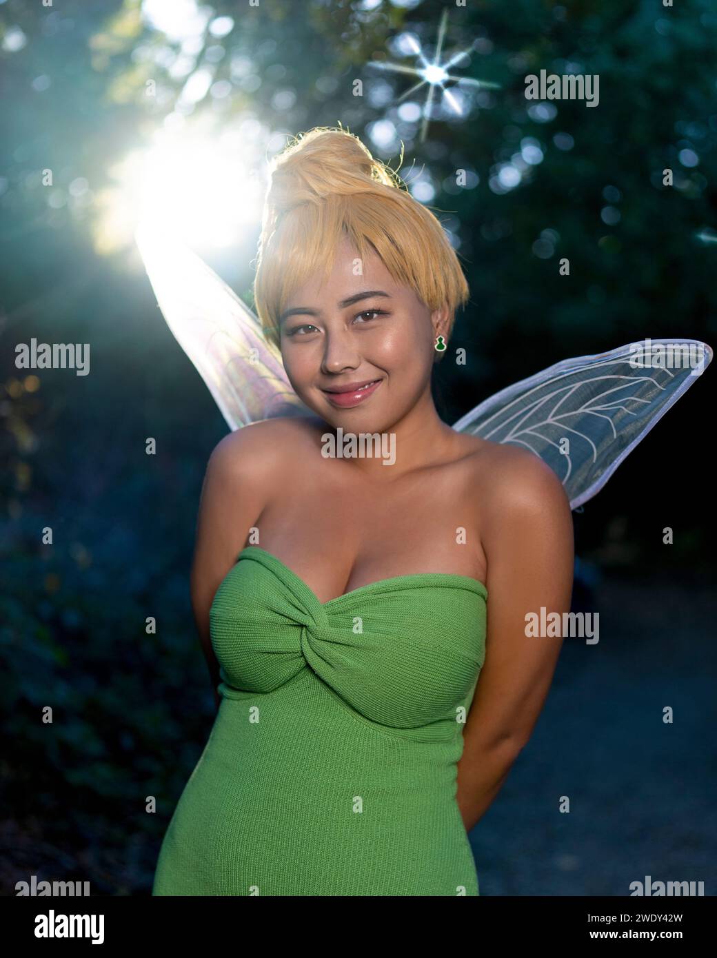 Beautiful Happy Asian Woman Tinkerbell Costume Woods Moody Back Lighting Stock Photo